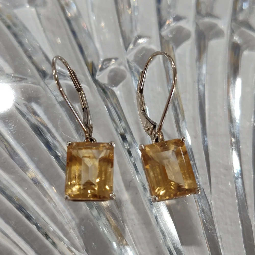 14k White Gold Emerald Cut Citrine Leverback Earrings - Picture 2 of 15